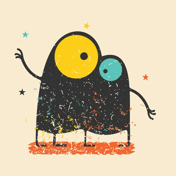 Monstruo negro lindo sobre fondo grunge retro con formas de color sucio y estrellas . — Vector de stock