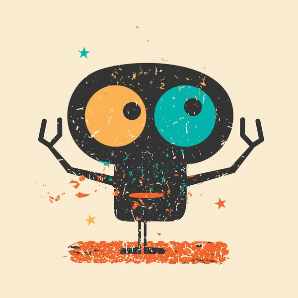 Schattig zwarte monster op retro grunge achtergrond met vuile Kleurenshapes en sterren. — Stockvector