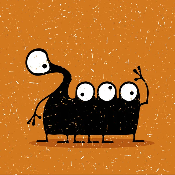 Mignon monstre noir avec des émotions sur fond orange grunge, illustration de dessin animé . — Image vectorielle