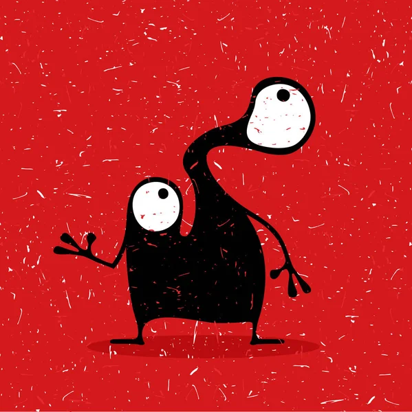 Niedliches schwarzes Monster mit Emotionen auf rotem Grunge-Hintergrund, Cartoon-Illustration. — Stockvektor