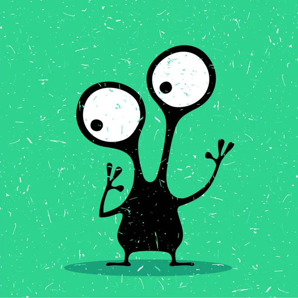 Schattig zwarte monster met emoties op grunge groene achtergrond, cartoon afbeelding. — Stockvector