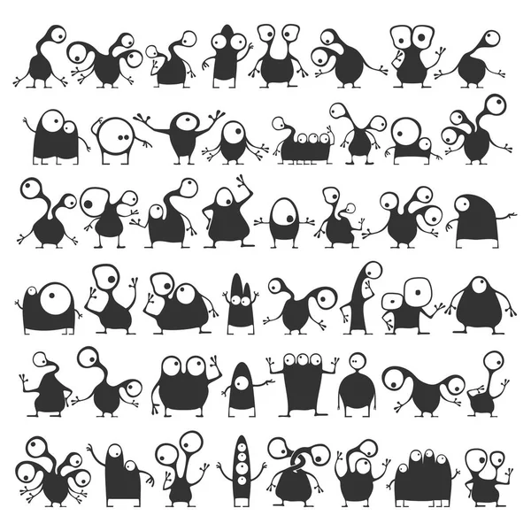 Ensemble de monstres mignons noirs isolés sur blanc — Image vectorielle