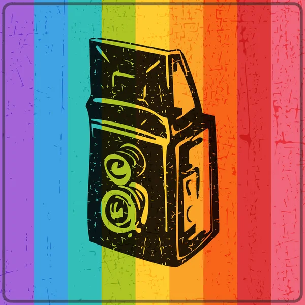 Old camera with dirty shapes on color lines grunge background . — Stock Vector