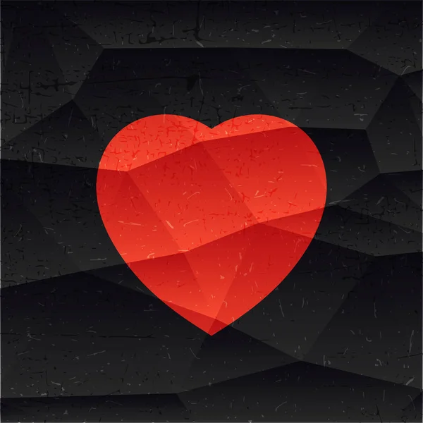 El corazón rojo sobre fondo de polígono negro con formas grunge en él . — Archivo Imágenes Vectoriales