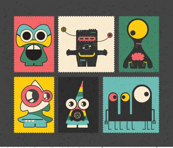 Retro-Briefmarke mit lustigen Monstern auf verschiedenfarbigem Hintergrund, — Stockvektor