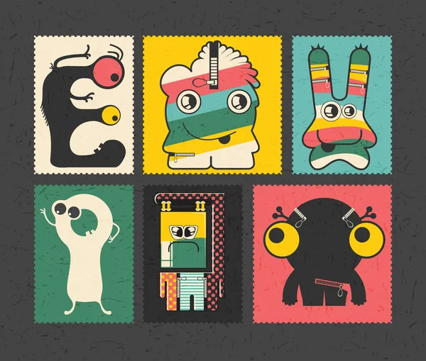 Set de ștampilă retro poștală cu monștri amuzanți pe fundal de culori diferite , — Vector de stoc