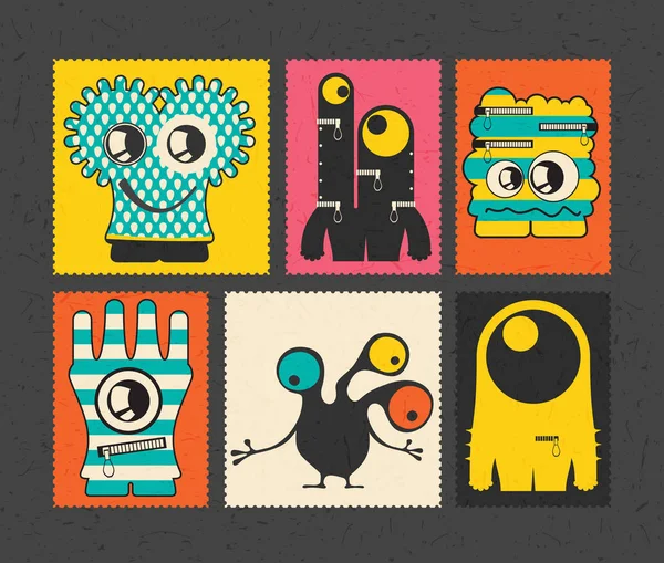 Set van retro postzegel met grappige monsters op andere kleur achtergrond, — Stockvector