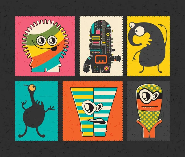 Retro-Briefmarke mit lustigen Monstern auf verschiedenfarbigem Hintergrund, — Stockvektor