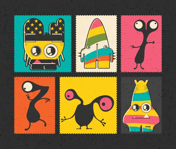 異なる色の背景上に面白いモンスターとレトロな切手のセット, — ストックベクタ