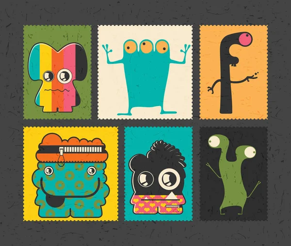 Set perangko retro dengan monster lucu pada latar belakang warna yang berbeda , - Stok Vektor