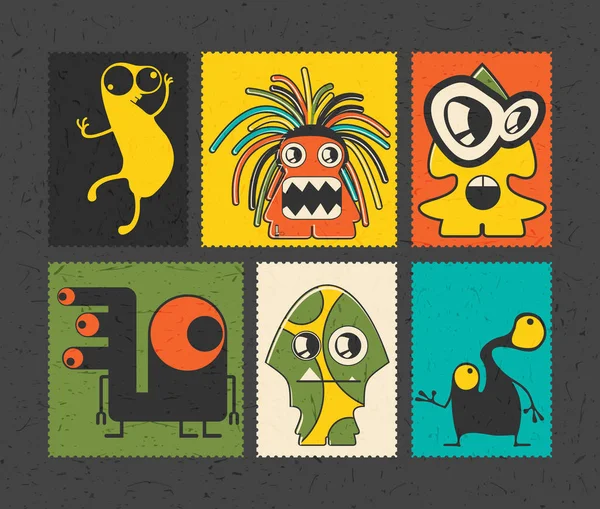 Conjunto de sello de franqueo retro con divertidos monstruos sobre fondo de diferentes colores , — Vector de stock
