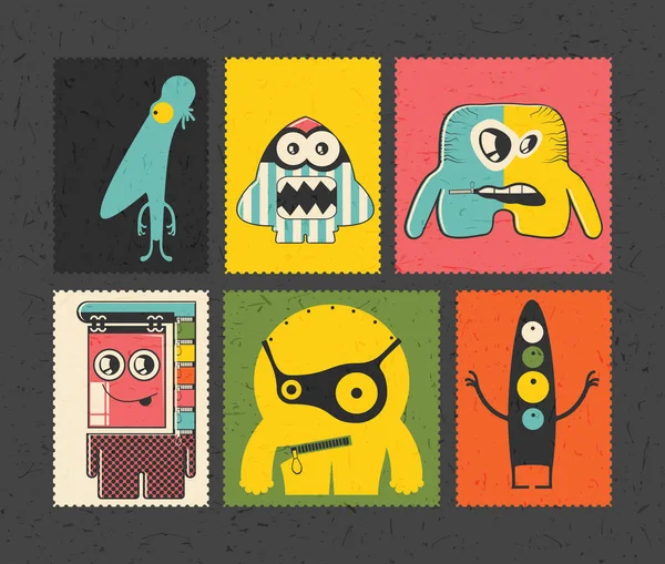 Set of retro postage`s stamp with funny monsters on different color background, — Stock Vector