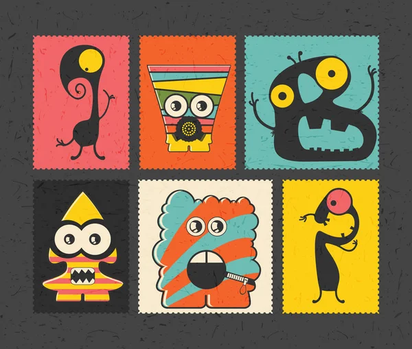 Set of retro postage`s stamp with funny monsters on different color background, — Stock Vector