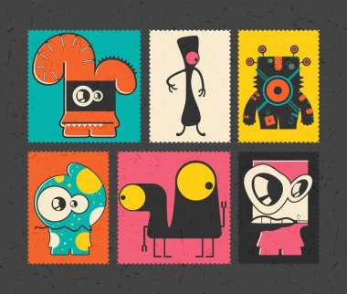 Altı retro'nın posta pulu ile komik canavarlar farklı renk arka plan üzerinde kümesi, .