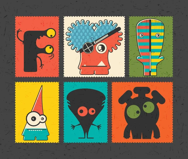 Conjunto de seis selos de postagem retro com monstros engraçados em diferentes cores de fundo , . — Vetor de Stock