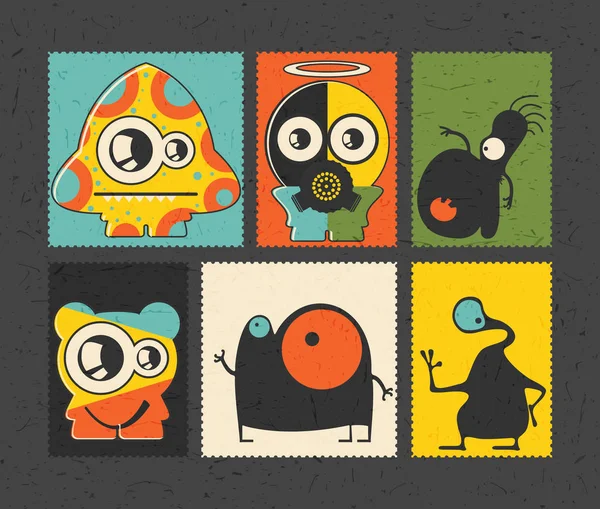 Set of six retro postage`s stamp with funny monsters on different color background, . — Stock Vector
