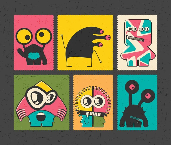 Set mit sechs Retro-Briefmarken mit lustigen Monstern auf verschiedenfarbigem Hintergrund, . — Stockvektor