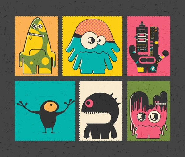 Set de seis sellos de franqueo retro con divertidos monstruos sobre fondo de diferentes colores , . — Archivo Imágenes Vectoriales
