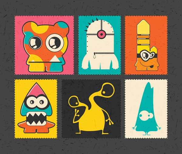 Set de six timbres postaux rétro avec des monstres drôles sur fond de couleur différente , . — Image vectorielle