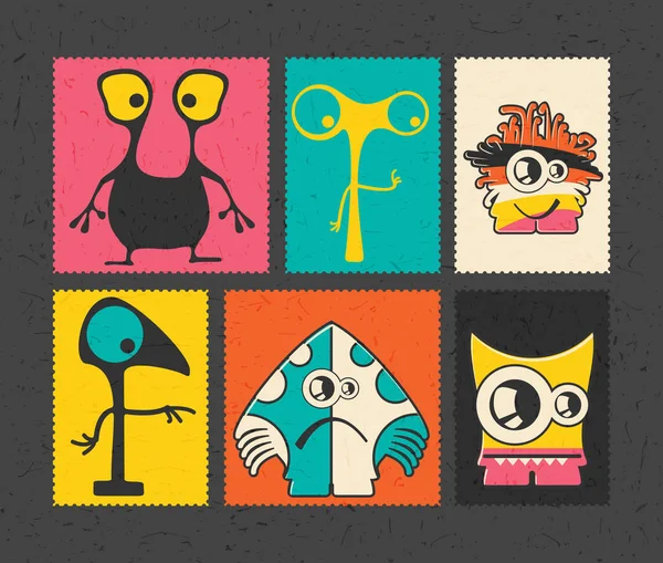 Set van zes retro van postzegel met grappige monsters op andere kleur achtergrond, . — Stockvector