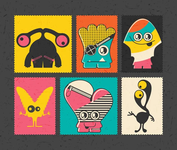 Set of six retro postage`s stamp with funny monsters on different color background, . — Stock Vector