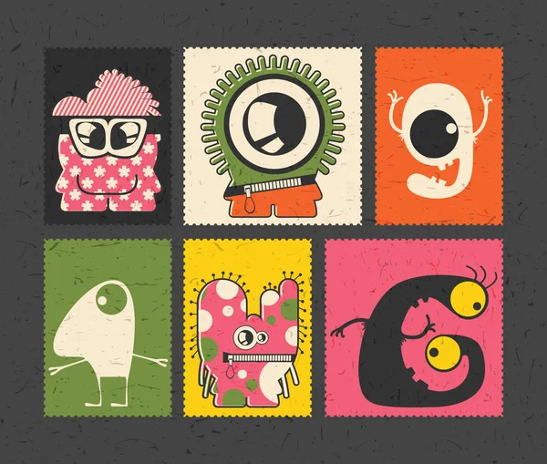 Zestaw sześciu retro znaczka pocztowego z zabawnej potworów na inny kolor tła. — Wektor stockowy