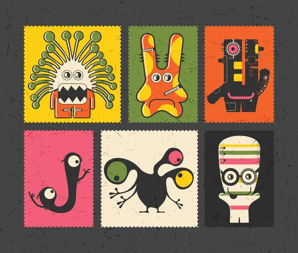 Uppsättning av sex retro's frimärke med roliga monster på annan färg bakgrunden. — Stock vektor