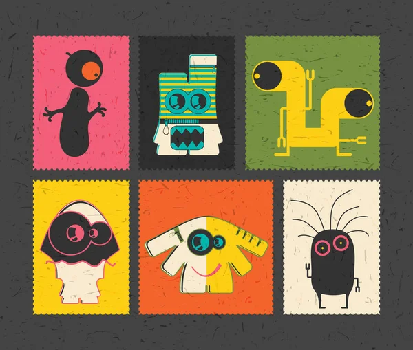 Set van zes retro van postzegel met grappige monsters op andere kleur achtergrond. — Stockvector