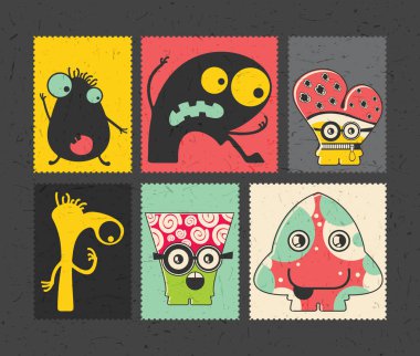 Altı retro'nın posta pulu ile komik canavarlar farklı renk arka plan üzerinde kümesi.