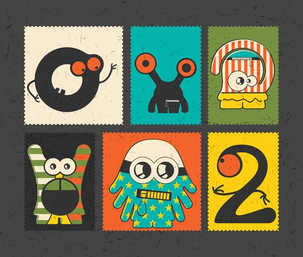 套六复古邮资邮票与滑稽怪物上不同的颜色背景. — 图库矢量图片