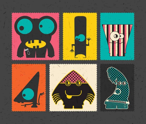 Набір з шести ретро поштових марок з смішними монстрами на іншому кольоровому фоні . — стоковий вектор
