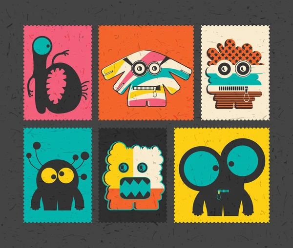 Set de seis sellos de franqueo retro con divertidos monstruos sobre fondo de diferentes colores . — Vector de stock