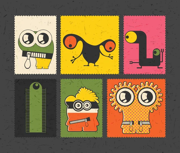 Set of six retro postage`s stamp with funny monsters on different color background. — Stock Vector