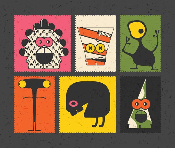 Conjunto de seis selos de postagem retro com monstros engraçados em diferentes cores de fundo . — Vetor de Stock