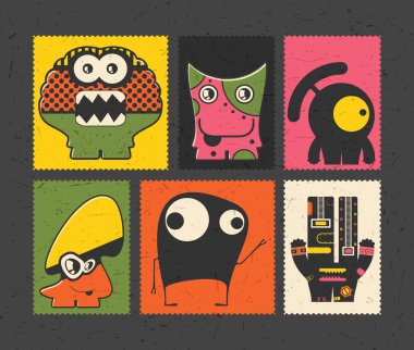 Altı retro'nın posta pulu ile komik canavarlar farklı renk arka plan üzerinde kümesi. 