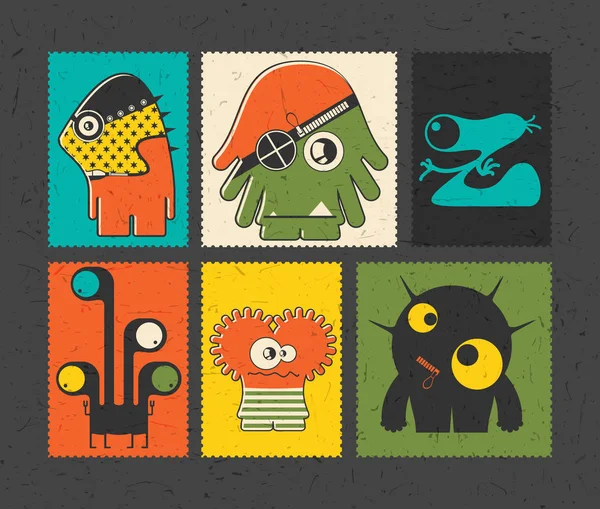 Set de seis sellos de franqueo retro con divertidos monstruos sobre fondo de diferentes colores . — Vector de stock