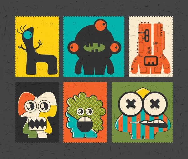 Set de six timbres postaux rétro avec des monstres drôles sur fond de couleur différente . — Image vectorielle