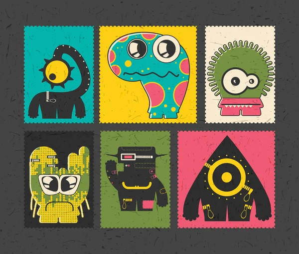 Set de seis sellos de franqueo retro con divertidos monstruos sobre fondo de diferentes colores . — Archivo Imágenes Vectoriales