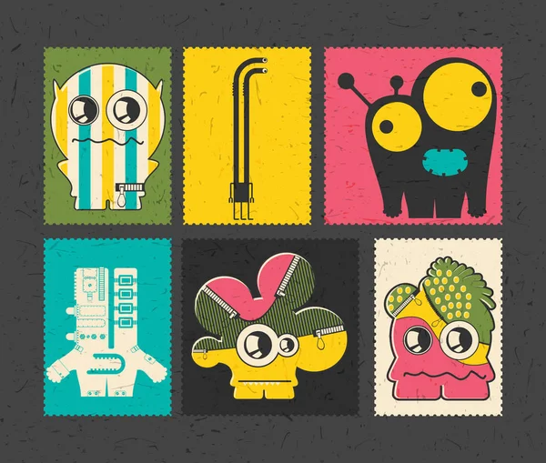 Set de seis sellos de franqueo retro con divertidos monstruos sobre fondo de diferentes colores . — Vector de stock