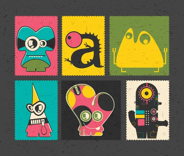 Set mit sechs Retro-Briefmarken mit lustigen Monstern auf verschiedenfarbigem Hintergrund. — Stockvektor