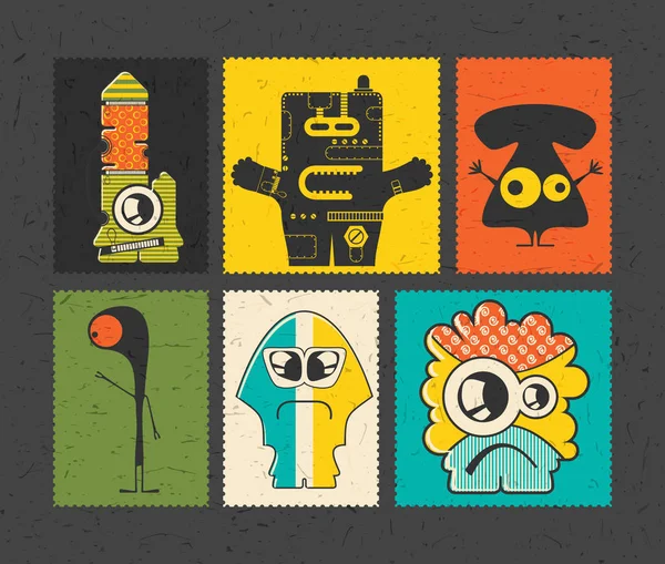 Set van zes retro van postzegel met grappige monsters op andere kleur achtergrond — Stockvector