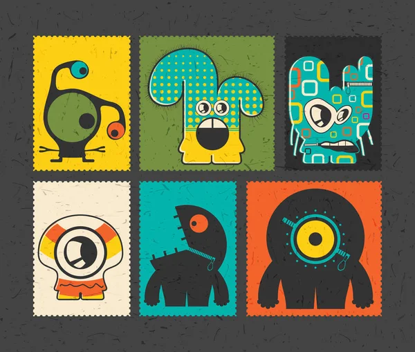 套六复古邮资邮票与滑稽怪物上不同的颜色背景 — 图库矢量图片