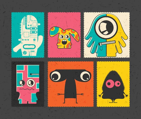 Set mit sechs Retro-Briefmarken mit lustigen Monstern auf verschiedenfarbigem Hintergrund — Stockvektor