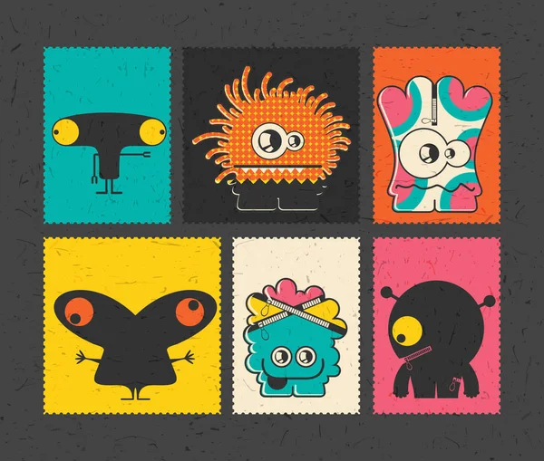 Set of six retro postage`s stamp with funny monsters on different color background — Stock Vector