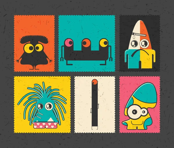 Σύνολο έξι ρετρό του γραμματοσήμου με αστεία τέρατα σε διαφορετικό χρώμα φόντου — Διανυσματικό Αρχείο