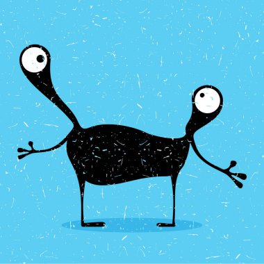 Grunge mavi zemin üzerine duygularla sevimli siyah canavar. 