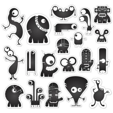 Yirmi siyah beyaz sevimli canavarlar beyaz sınır kesme ile izole kümesi.