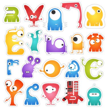 Yirmi renk sevimli canavarlar beyaz sınır kesme ile izole kümesi.