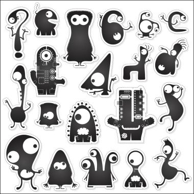 Yirmi siyah beyaz sevimli canavarlar beyaz sınır kesme ile izole kümesi.