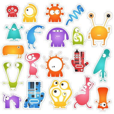 Yirmi renk sevimli canavarlar beyaz sınır kesme ile izole kümesi.